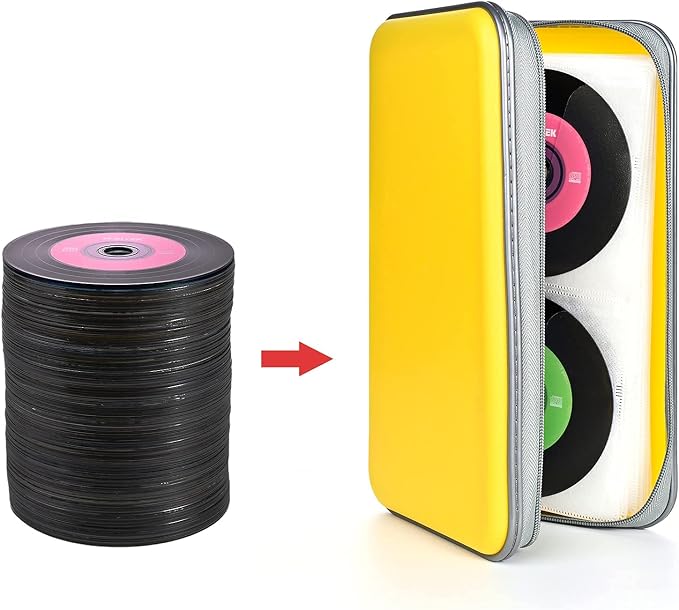 UENTIP 96 Capacity CD Case,Portable DVD Hard Plastic Case Holder CD Organizer Wallet Protective DVD Storage (96, Yellow) | CD DVD Storage,Zipper Closure,Scratch-Resistant Sleeves,Stay Away Dust and Damp,Storage Music Video Gaming Discs Blu-ray