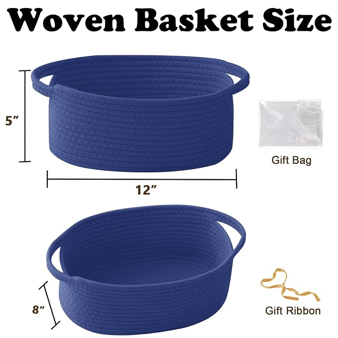 Royal Blue Woven Rope Basket,Baby Gift Basket with Bag & Ribbon | Cotton rope with handle, 12x8x5 in, gift bag and ribbon, for baby shower, birthday, toy storage, nursery, shelf decor