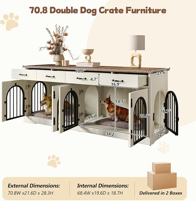 Merax 70.8" Large Dog Crate Furniture & TV Stand for 2 Dogs –Double Kennel with 4 Storage Drawers, Removable Divider & Arched Metal Doors –Wood Indoor Pet House for Medium/Large Breeds, Brown + White