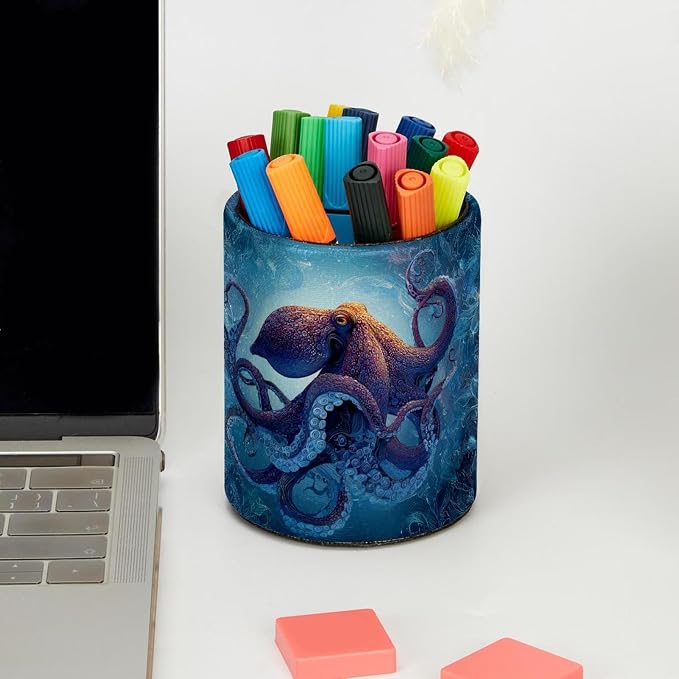 Faux Leather Pen Holder for Desk, Pencil Organizer octopus Pen Cup Desk Decor Makeup Brush Holder Storage for Office Home
