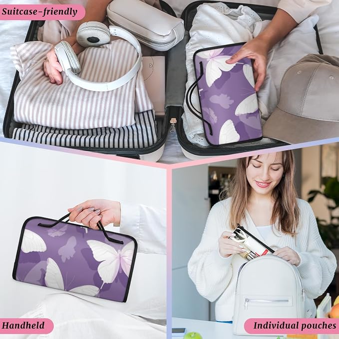Butterfly Makeup Bag for Women Hanging Roll-Up Travel Organizer Toiletry Kit with 4 Removable Compartments, Purple