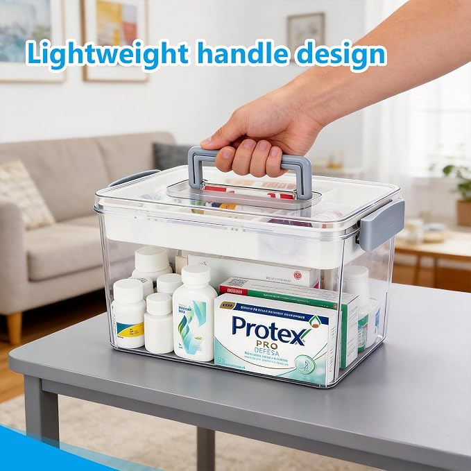 Plastic Medicine Storage Organizer & First Aid Box, Medicine Box with Handles, Multipurpose Medical Supply Organizer with Removable Tray for Home, Office & Travel (X)