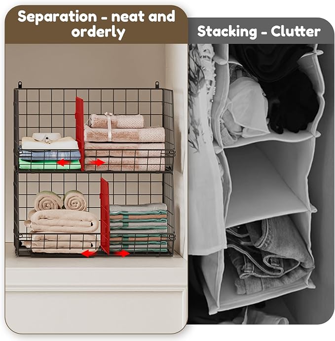 Jautokerdar 4 Tier Hanging Closet Organizer with Dividers,Extra Large Storage Hanging Shelf with 5 S Hooks 4 Dividers,Hang on Wire Closet Shelving Clothes Organizer-Black