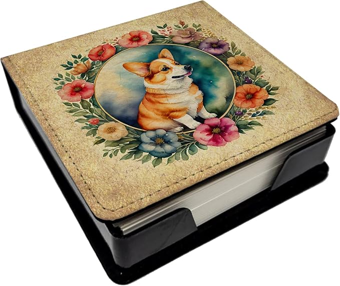 Caroline's Treasures Corgi and Flowers PU Leather Note Paper Holder with Artist-Designed Cover, Desk Accessory, Office Gift