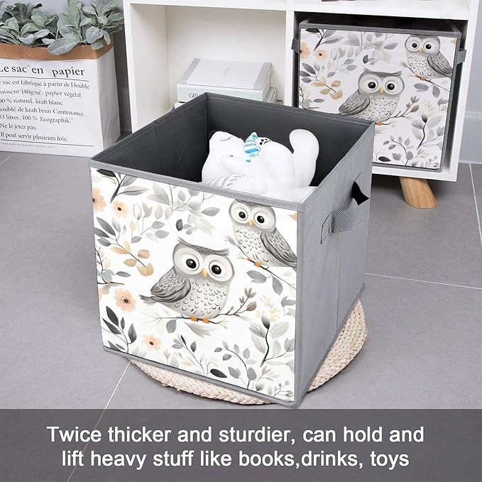 Whimsical Owl Foldable Storage Bins, 10.6" Cube Storage Organizer, Sturdy Oxford Cloth Fabric Baskets for Closet, Shelf, Nursery, Bedroom, Decorative Printed Box for Toys & Clothes