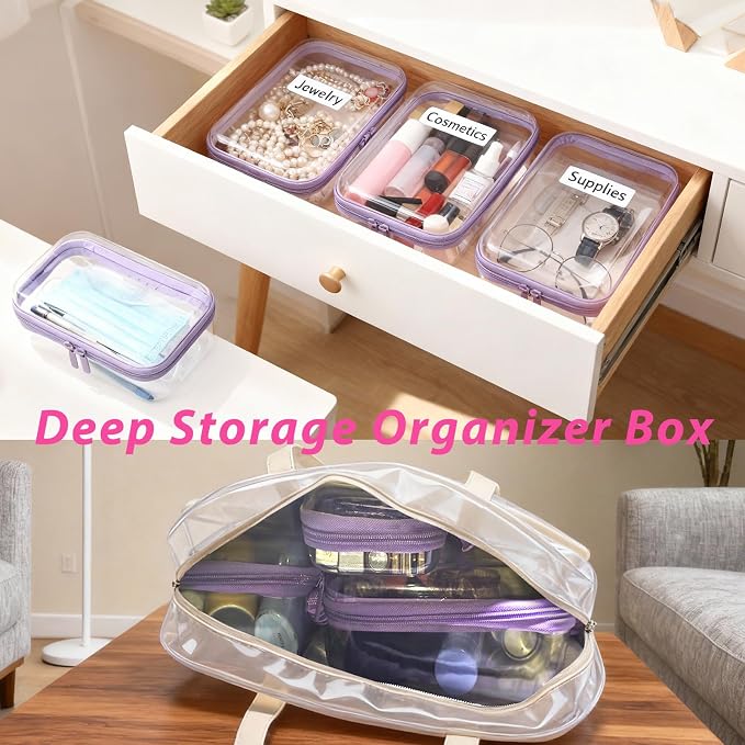 3 Pack Clear Hard Shell Zipper Storage Case Deep Capacity Organizer Pouches | PET Waterproof Transparent Bags with Handle 1.2mm Thick for Makeup Toiletries Cosmetics Toys Art Supplies Travel Essentials
