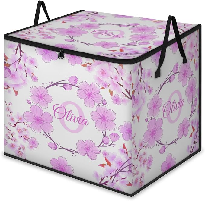 Personalized Extra Large Storage Bins with Lid, Customized Name Jumbo Storage Basket Clothes Organizer for Organizing Kids and Pets Toys Shelf Closet, Violet Pink Cherry Blossom Floral