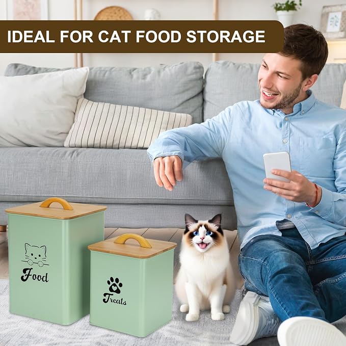 Cat Food Storage Container with Scoop, 2PCS Cat Food Storage Container with Lids Airtight, Cat Treat Jars for Kitchen Counter-7+3Lbs, Cat Cookie Jar for Storage,Saga Green