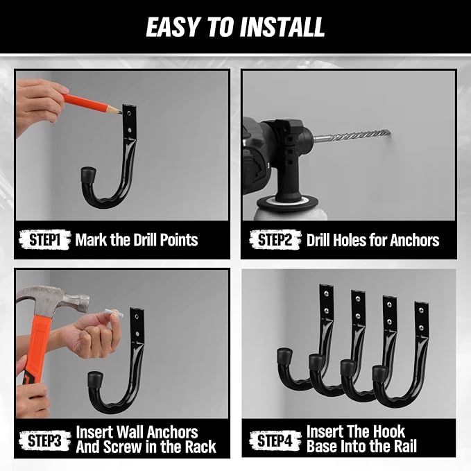 Heavy Duty Garage Storage Hooks, 6-piece Bike Hooks for Garage Wall, Utility Garage Hooks, Wall Mount J Hook for Hanging, Large Metal Storage Organizer Tool, Extension Cord Hanger