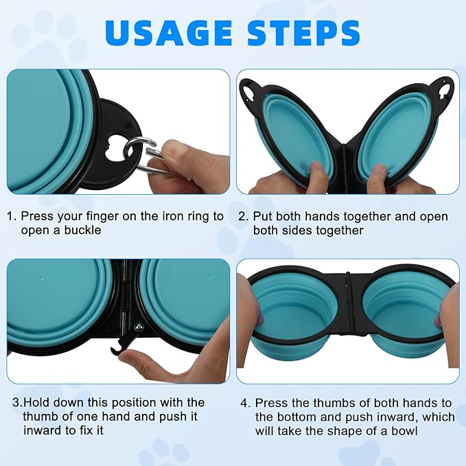 Collapsible Dog Dual Bowls, 2-in-1 with Locking Clip for More Stability 180 Degree Flip Portable Dog Travel Bowl for Water and Food Pet Food Drinker (Dark Green)