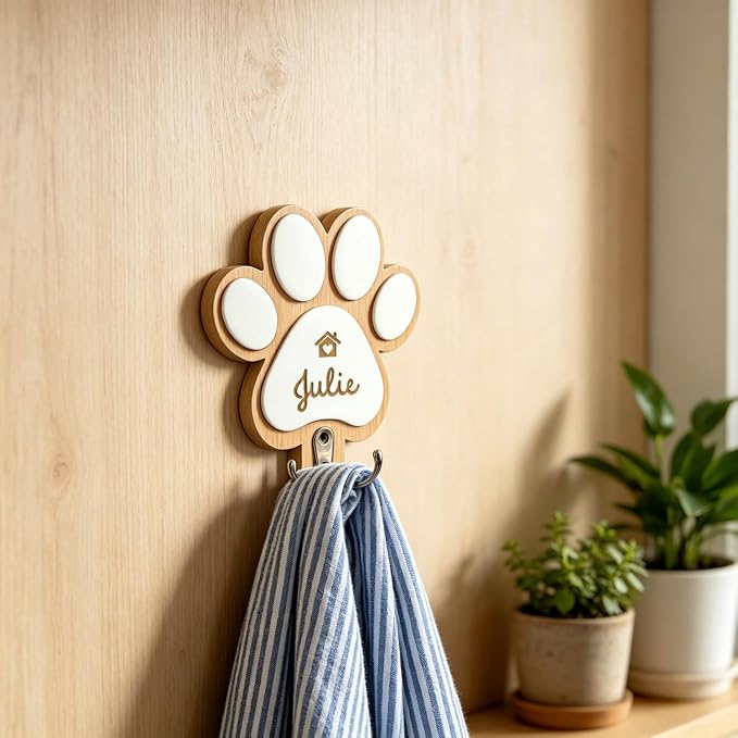Personalized Dog Leash Hanger, Custom Engraved Name Wood Paw Print Leash Hook, Decorative Entryway Key Rack Harness Collar Organizer Pet Supplies Gift