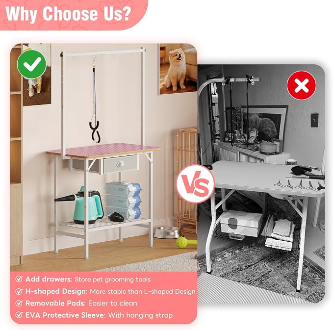 32-Inch Adjustable Dog Grooming Table with Drawer & Mesh Tray, Pet Grooming Table with Non-Slip Removable Washable Mat & EVA Protective Lanyard, Professional Grooming Table for Small Dog at Home（Pink