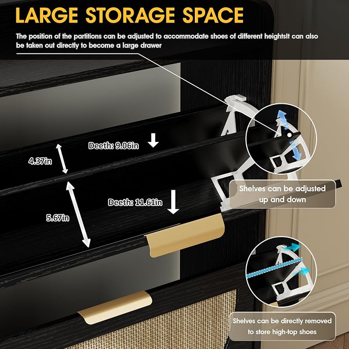 Maupvit Large Rattan Shoe Storage Cabinet with 4 Flip Drawers, Freestanding Shoe Organizer with Metal Legs for Entryway, Hidden Golden Handles, Narrow Shoe Rack Cabinet, Black