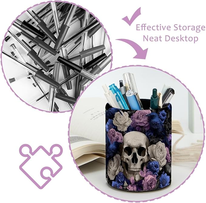 Faux Leather Pen Holder for Desk, Pencil Organizer Skull and Bird Pen Cup Desk Decor Makeup Brush Holder Storage for Office Home