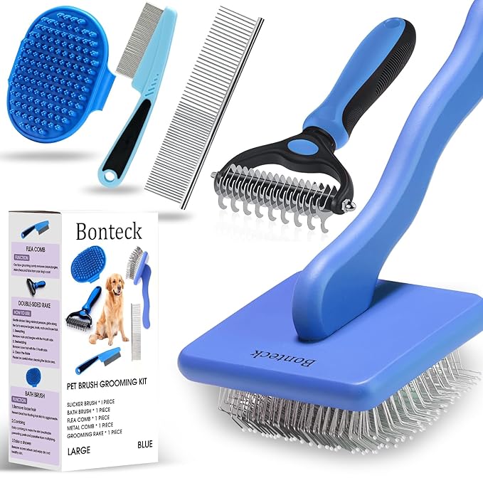 Bonteck Dog Slicker Brush for Dogs Grooming Kit 4PCS | Large Dog Brush for Goldendoodles Poodles Doodles | Long Pin Haired Brush | Poodle Brushes and Comb (Blue)