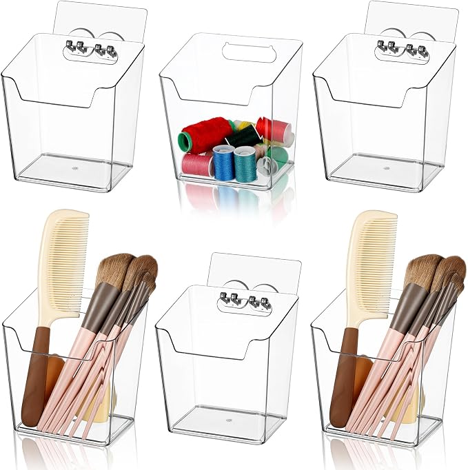 Clear Inside Cabinet Door Organizer, 6 Pack Plastic Wall Storage Bin Adhesive, Vertical Versatile Caddy Makeup Brush Pen Holder for Small Spaces in Bathroom, Office, Kid's Room Organization, No-Drill
