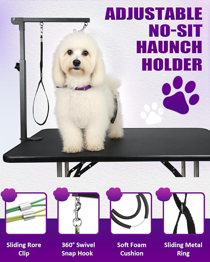 Adjustable Dog Grooming Arm with Clamp Dog Grooming Hammock and Loop Noose | Metal Dog Grooming Table Arm, Adjustable height 17"-35", No Sit Haunch Holder, Grooming Restraint for Small & Medium Dogs