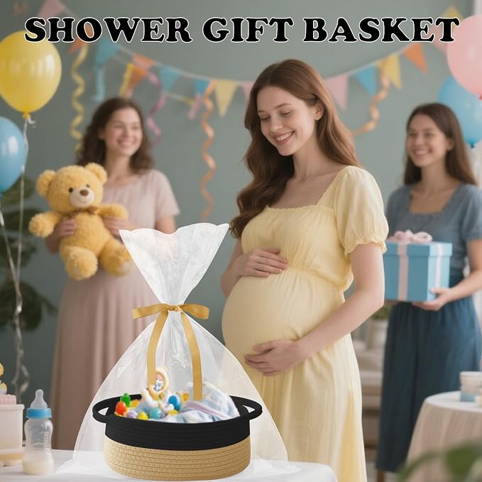 Woven Rope Basket,Baby Gift Basket with Bag & Ribbon, Black&Jute | Cotton rope with handle, 12x8x5 in, gift bag and ribbon, for baby shower, birthday, toy storage, nursery, shelf decor