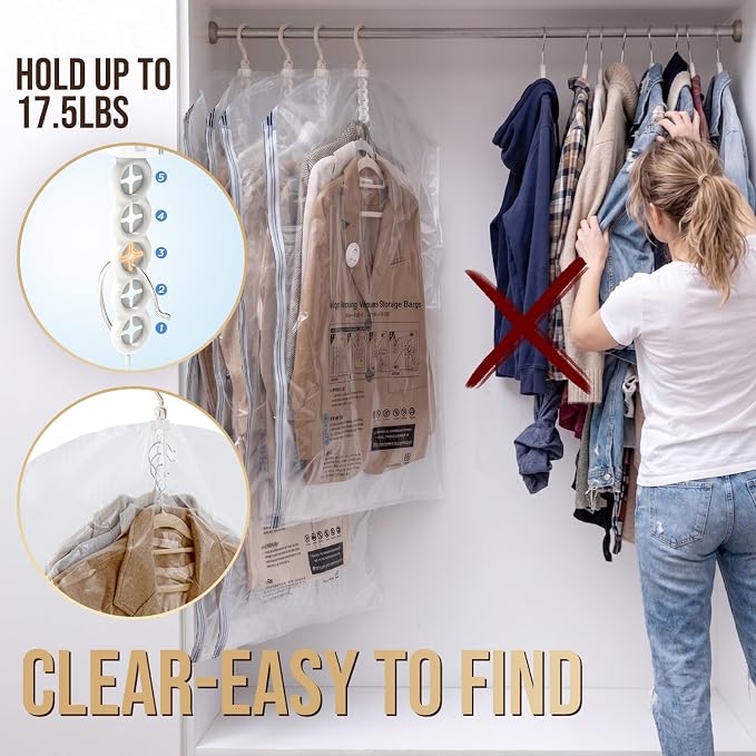 TAILI Hanging Vacuum Storage Bags for Clothes,4 Combo with Pump | Vacuum Seal Bags for Clothing Travel, Electric Pump, Winter Clothes Storage Closet Organizers, Coats, Suits and Jackets