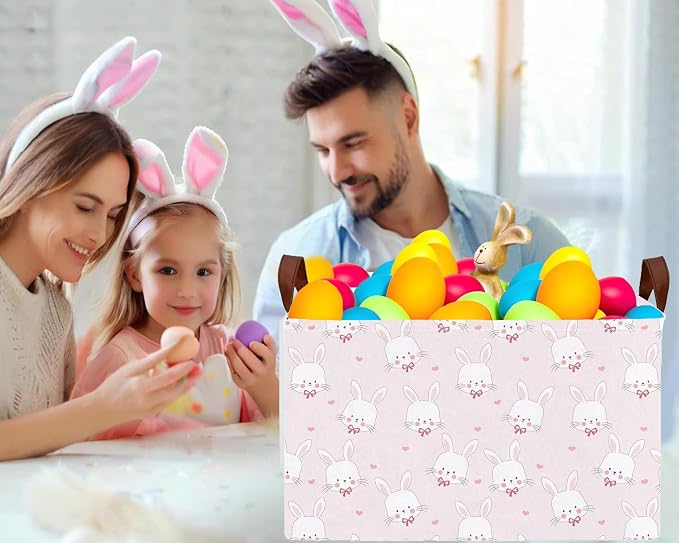 Large Rectangular Easter Baskets Empty Waterproof Boy Toy Box Foldable Kid's Gifts Storage Bin Spring Room Decor(Pink Love Rabbit Head)