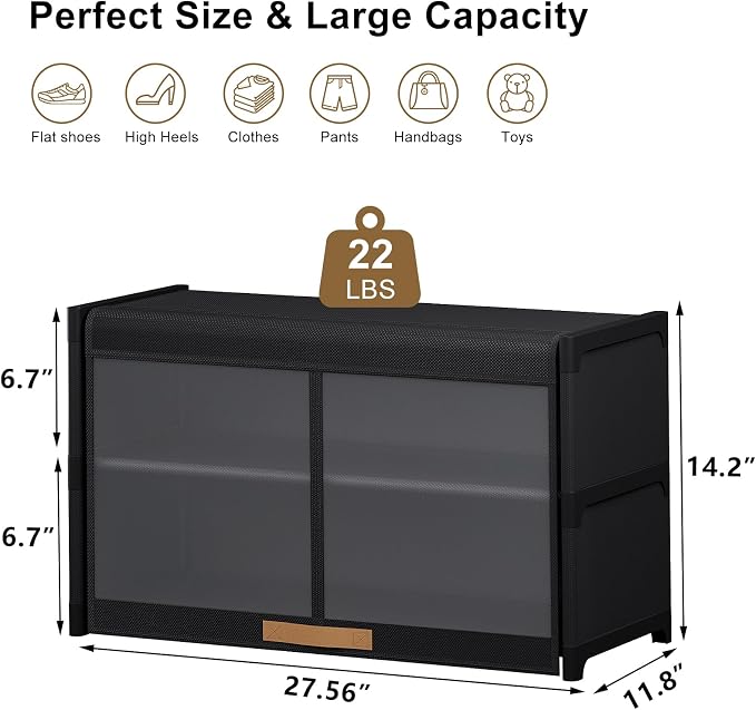3 Tier Shoe Cabinet with Doors, 12-Pair Storage, Black | Compact Fits Entryway, Transparent Door for Quick View, Holds Sneakers, Heels, Flats, Wipe-Clean Waterproof