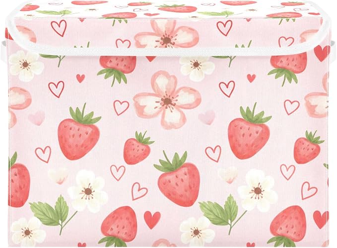 Strawberry Fabric Storage Bins with Lid Foldable Storage Boxes 40L Baskets | Decorative Storage Boxes, Foldable & Stackable, Dust-Proof Flip Top, Reinforced Handles, For Home & Dorm, Clothes & Toy Box