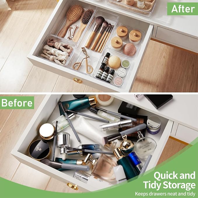 6 PCS Clear Plastic Drawer Organizer, Large 15" X 6" 3-Size Acrylic Stackable Kitchen Drawer Storage Tray, Bathroom Drawer Organizer Trays, Storage bins for Cosmetics Bathroom Kitchen Office