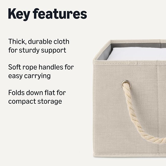 Amazon Basics Foldable Storage Bins with Rope Handles, Closet Organizers, Large, Linen, 3-Pack