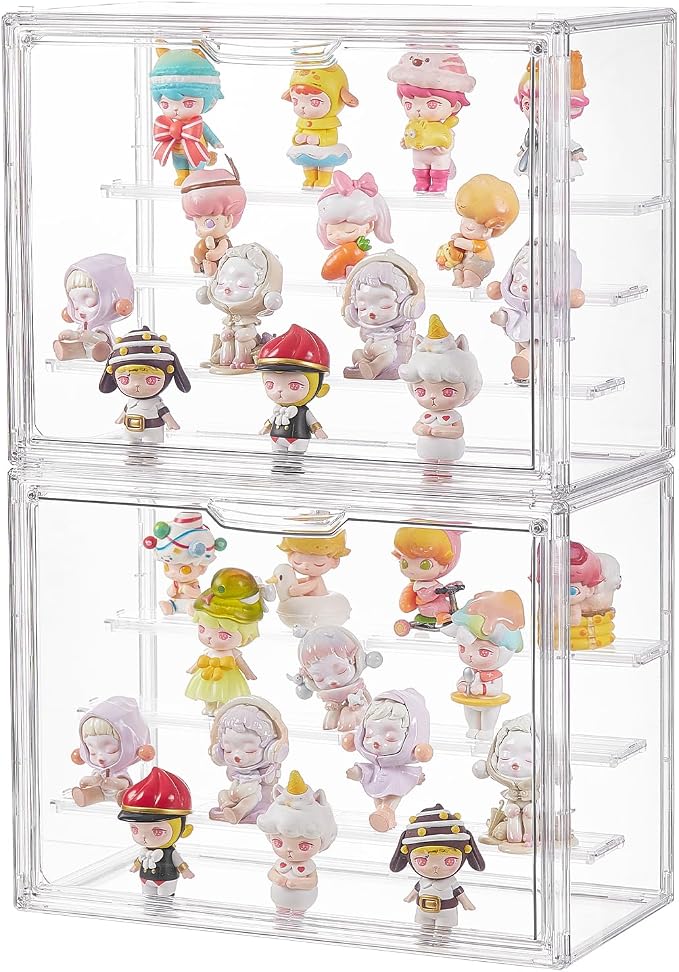3 Tiers Clear Acrylic Display Case, Plastic Storage Bins with 2 Adjustable Divider and Magnetic Door,Stackable Display Box for Figures Showcase (XLarge -with 3 partition plate-2pack)