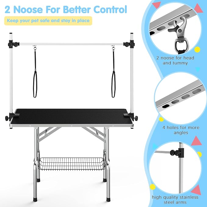 36'' Foldable Dog Grooming Table with Arms/Nooses/Mesh Tray, Black | Stainless Steel Grooming Table for Dogs at Home, Adjustable Pet Bathing Station, Non-Slip Waterproof Tabletop, Capacity 330Lb