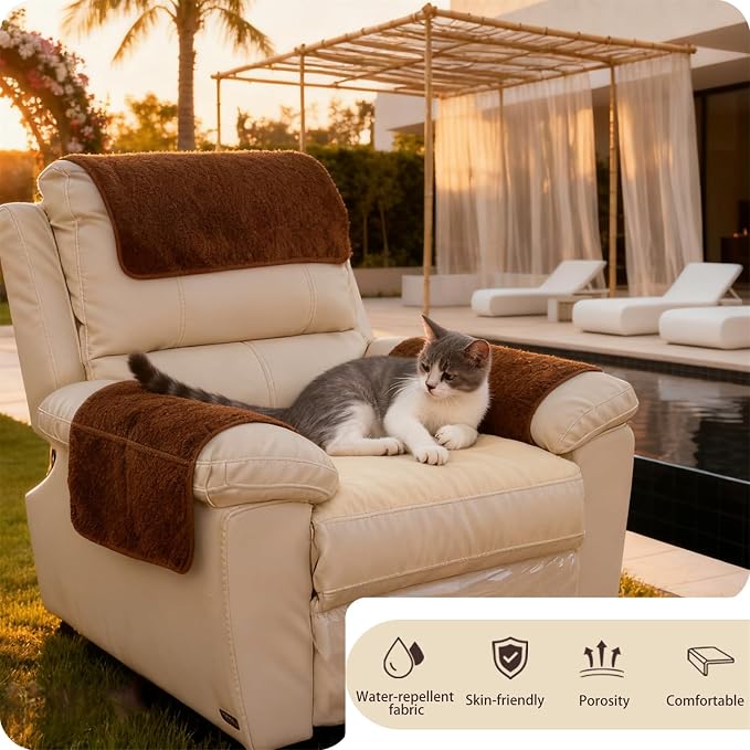 Sherpa Fleece Armrest and Headrest Covers with 2 Pockets | Soft fleece with nonslip silicone backing helps protect leather and fabric furniture from pet scratches machine washable