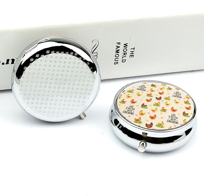 Purse Pill Organizer, Life is Better with Chicken Rooster Cute Round Box, Compact Case for Vitamins, Travel Dispenser Pocket Carry for Her