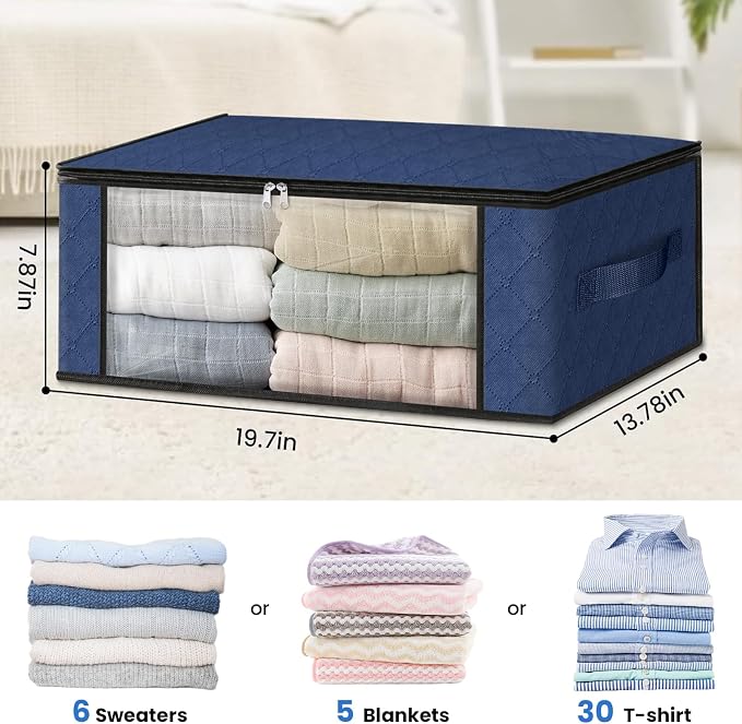 HomeHacks 6-Pack Clothes Organizer Storage Bags, 35L Storage Bins, Blue | Foldable Storage Box Container with Zippers, Clear Window, Reinforced Handles for Closet, Dorm, Pillows, Bedding, Sweater