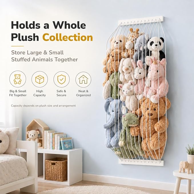 Stuffed Animal Storage Wood Soft Toy Storage for Kids Room，Wall Mount Door Hanging Stuffed Animal Toy Organizer Shelf for Nursery Play Room White -Patent