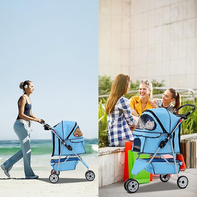 Best 3 Wheels Pet Stroller for Dog Stroller Cat Stroller, Lightweight and Foldable Pet Jogger Stroller, Carrier Strolling Cart W/Cup Holders Removable Liner for Small and Medium Dog Cat or Pet - Blue