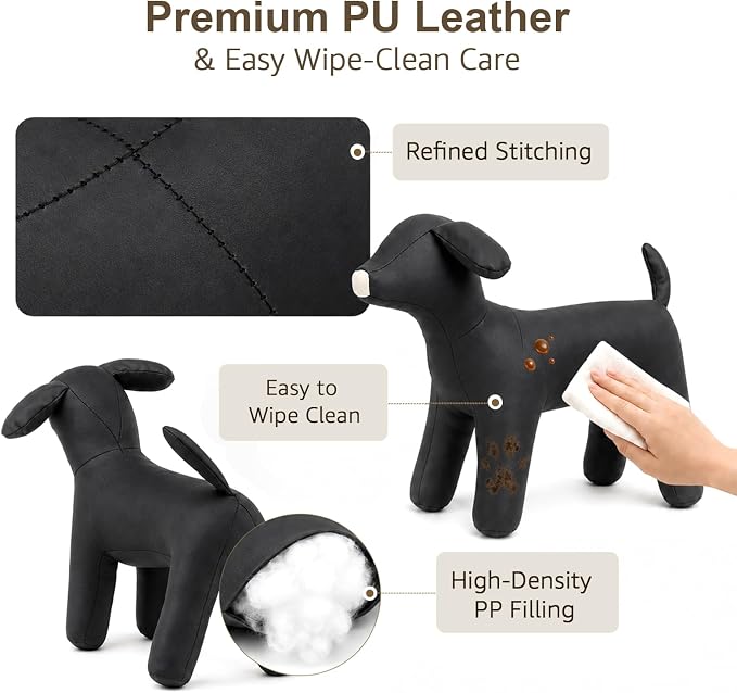 Dog Mannequin PU Pet Clothing Display Stand Cute Dog Hangers for Clothes Store Leather Pet Sewing Mannequin Durable Puppy Standing Model (Black, Medium)