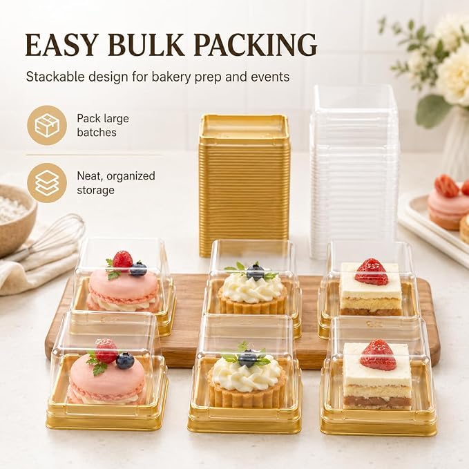 DOITOOL 100 Pcs Mini Cake Containers 2.24 Inch Mooncake Packaging Boxes | Individual cupcake containers with clear lids, gold plastic flan dessert dome for macarons muffins cookies wedding birthday