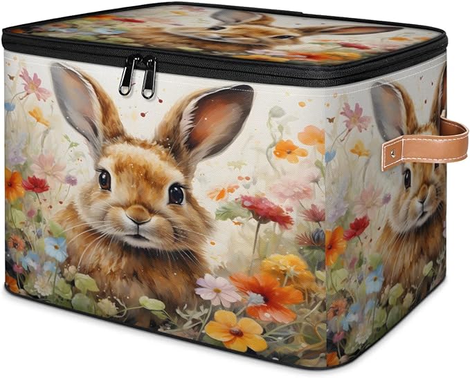 Pardick Storage Bin Easter Bunny Rabbit Storage Basket with Zipper Lid & Handle Foldable Storage Box Cube Bins Clothes Organizer for Closet, Bedroom