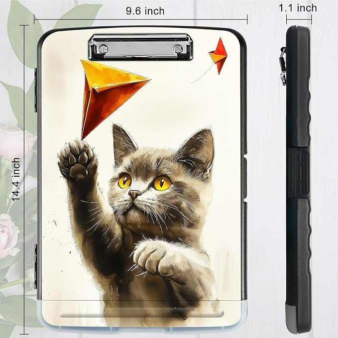 A4 Clipboard with Storage Pen Holder, Clipboards Organizer Nursing Clipboard Foldable File Folder Plastic Clipboard Folio Clip Board for Office Work Classroom Doctor, Gray Cat Painting