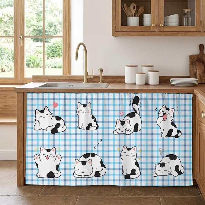 Cute Cat Sink Skirt for Bathroom, Self-Adhesive Under Sink Curtain, Modern Playful Pet Cats Blue Purple Plaid Hide Pipes & Storage Fabric Cabinet Skirt Cover for Kitchen Laundry 32"x55"