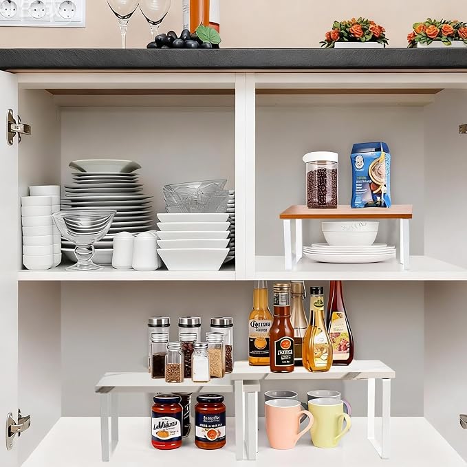 2 Pack Expandable Cabinet Shelf, Wood & Metal, White | 2pack expandable cabinet shelf organizer 11.8-23.2 wood&metal 35lbs white kitchen pantry spice rack stackable