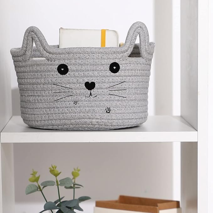 Zopeal Cat Storage Basket Woven Organizer with Ears Decorative Gift Cute Cotton Rope Pet Toy Basket for Gift Cat Dog Toy Bin Nursery Room(8.3 x 4.7 Inch,Light Gray)