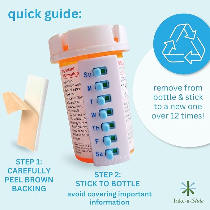 TAKE-N-SLIDE Peel and Stick Reusable for 12 + Refills, Pill/Medication/Vitamin/Pet Med Tracker & Reminder, Attach to Your Bottle, Organizer-Free, Curved‑Back, White & Blue (2-Pack, 1 Each)