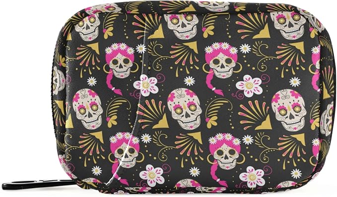 Paisley Flower Sugar Skull Pill Box 7 Day Pill Case Travel Pill Organizer Bag with Zipper Portable Weekly Case Compact Size for Vitamin Supplement Holder