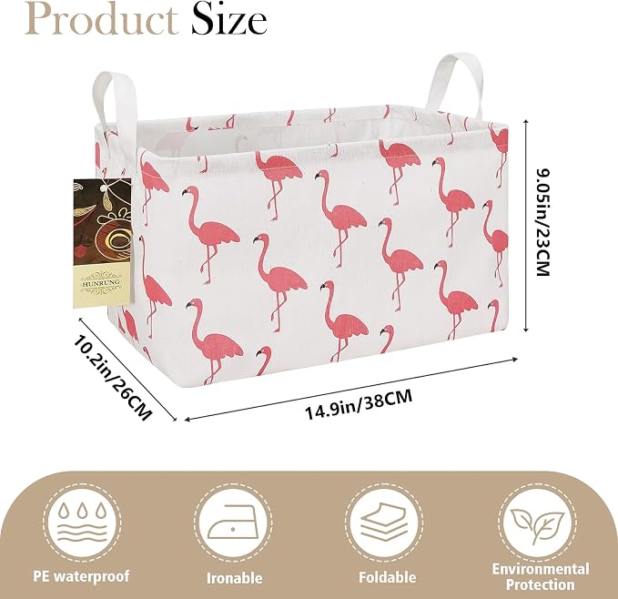 Rectangle Foldable Storage Basket Handles For Home, Flamingo | Waterproof reinforced handles, perfect for shelf use, organizes clothes, daily items and pet supplies