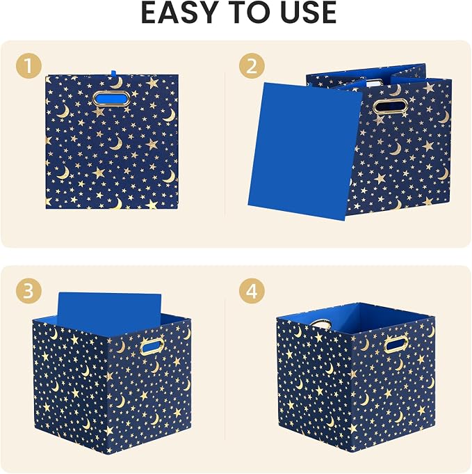 Posprica 11x11x11 Storage Cube Bins, Collapsible Storage Bins Fabric Storage Cubes Organizer Baskets Box Drawers for Shelves, Closet, Wardrobe, Bookshelf, Cabinet Blue-Moonstar, 4 Pack