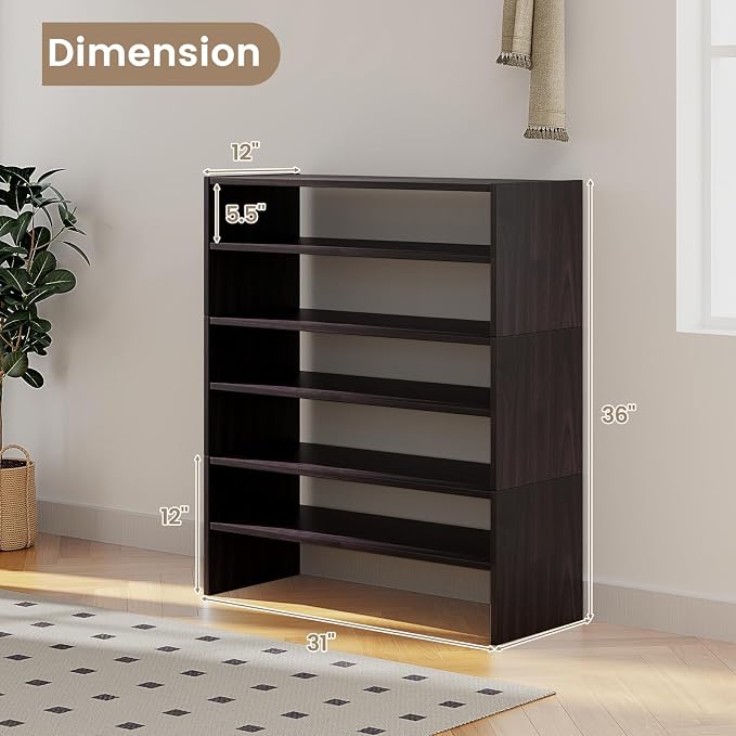 COSTWAY 6-Tier Shoe Rack, Extra Wide Shoe Shelf Organizer | Stackable Design, 31" Freestanding Storage Shoe Stand for Small Space Entryway Hallway Closet (Brown)