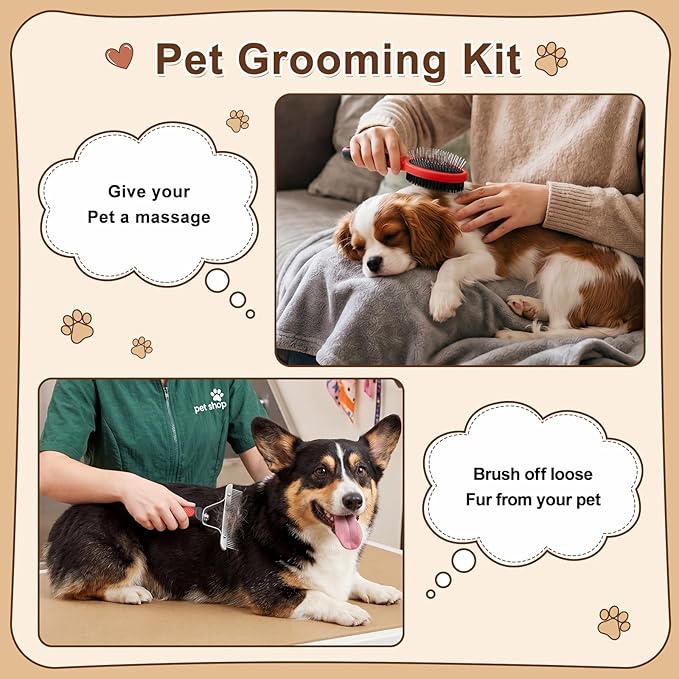 Zhehao 8 Pcs Pet Grooming Kit - Dematting Combs, Slicker Brush, Steel Comb Deshedding Brush, Flea Comb, Undercoat Rake for Detangling Long Matted Fur Hair from Dogs, Cats, Poodles, Anti-slip Handle