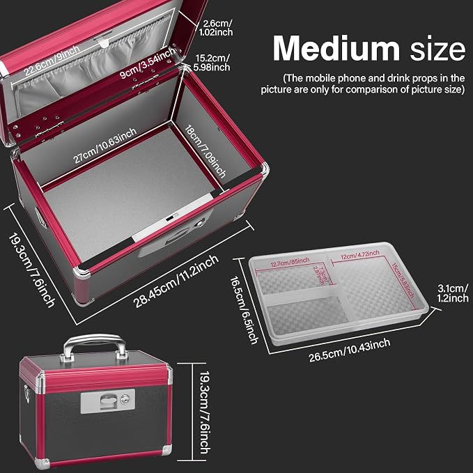 Medium Medication Lock Box with Key (11.2"x7.6"x7.6")- Childproof Aluminum Medicine Storage Safe for Prescriptions & First Aid - Secure Portable Pill Organizer for Travel, Home (Black & Red)