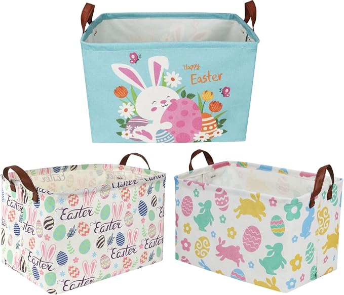 Sanjiaofeng Rectangular3Pack Easter baskets , Kids Easter Storage Bins Organizer.Boys and Girls,Easter Bunny Eggs Decor,Toys,Books,Easter Gifts . (3Pack Easter)